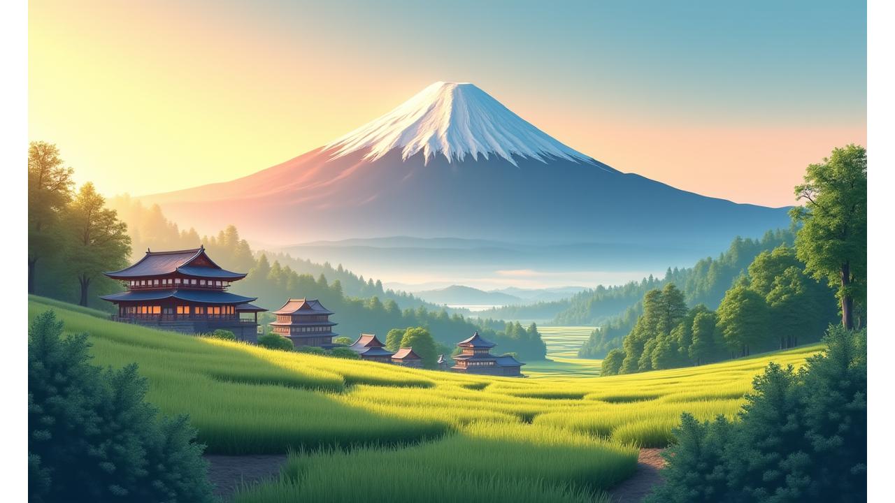 雄大な富士山を背景に、朝日が輝く日本の美しい田園風景