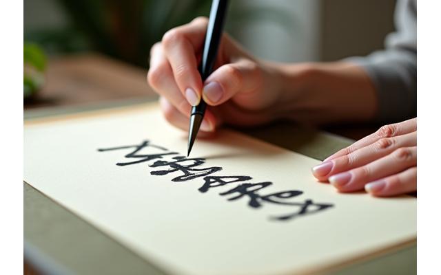 伝統的な和紙に筆で文字を書く手元、精密な作業を象徴