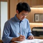 デザイナー、和モダンなオフィスでスケッチブックを広げる男性