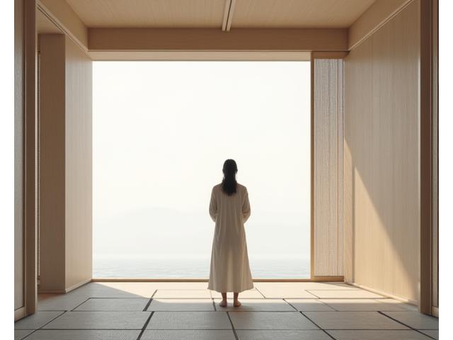 日本の禅庭のようなミニマルな空間で、シンプルな服装の人物が瞑想する様子