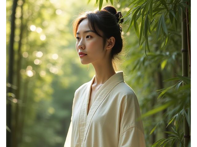 自然素材の衣類を着たモデルが、日本の美しい自然の中で立つ様子