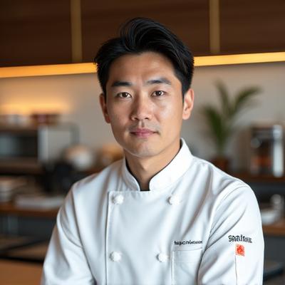 モダンな日本食レストランで働く佐藤シェフのポートレート