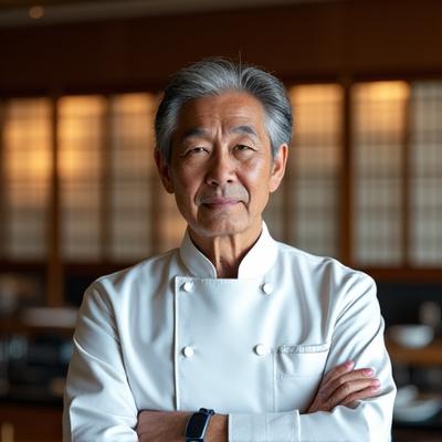 伝統的な和食の衣装を身につけた田中料理長