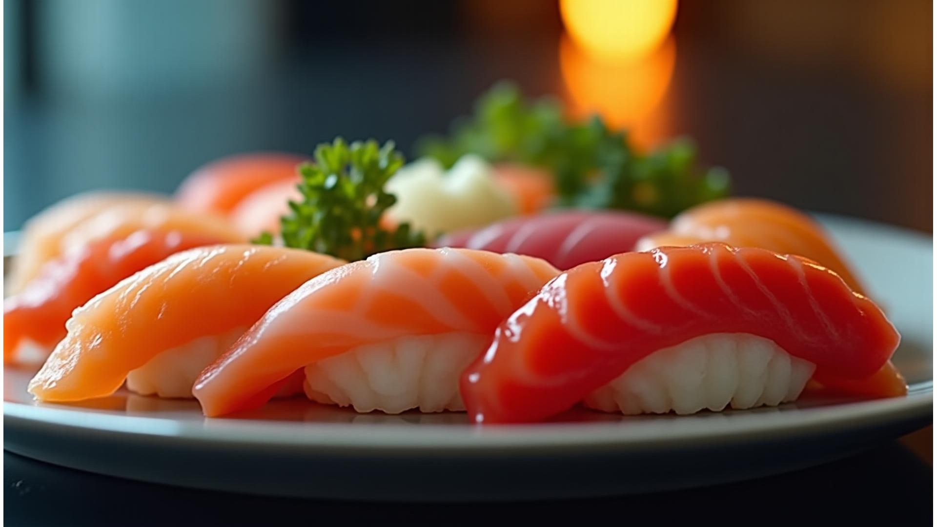 色鮮やかな寿司と刺身の盛り合わせ、高級感のある日本の食文化