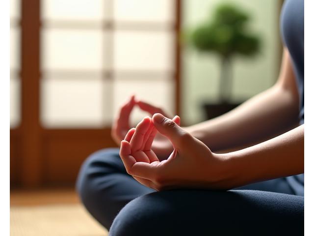 日本の美しい庭園で瞑想する人、穏やかな表情