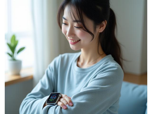 ウェアラブルデバイスで健康データをチェックする現代の日本人女性