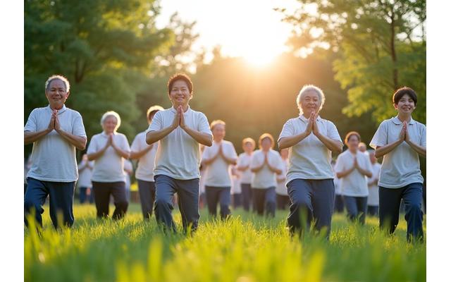 公園でラジオ体操をする人々