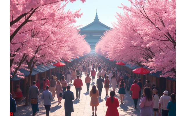満開の桜と人々