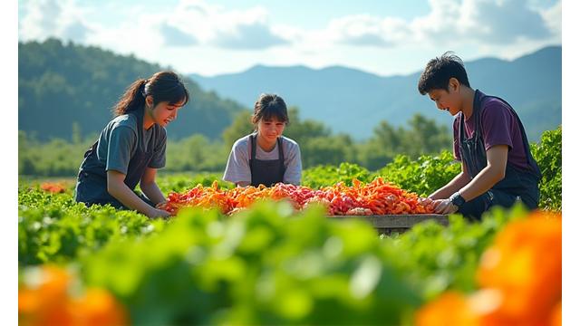 笑顔で収穫する農家