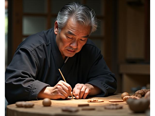 真剣な表情で木工細工に取り組む日本人職人のポートレート。光が手元にクローズアップされ、道具と作品に集中している様子。