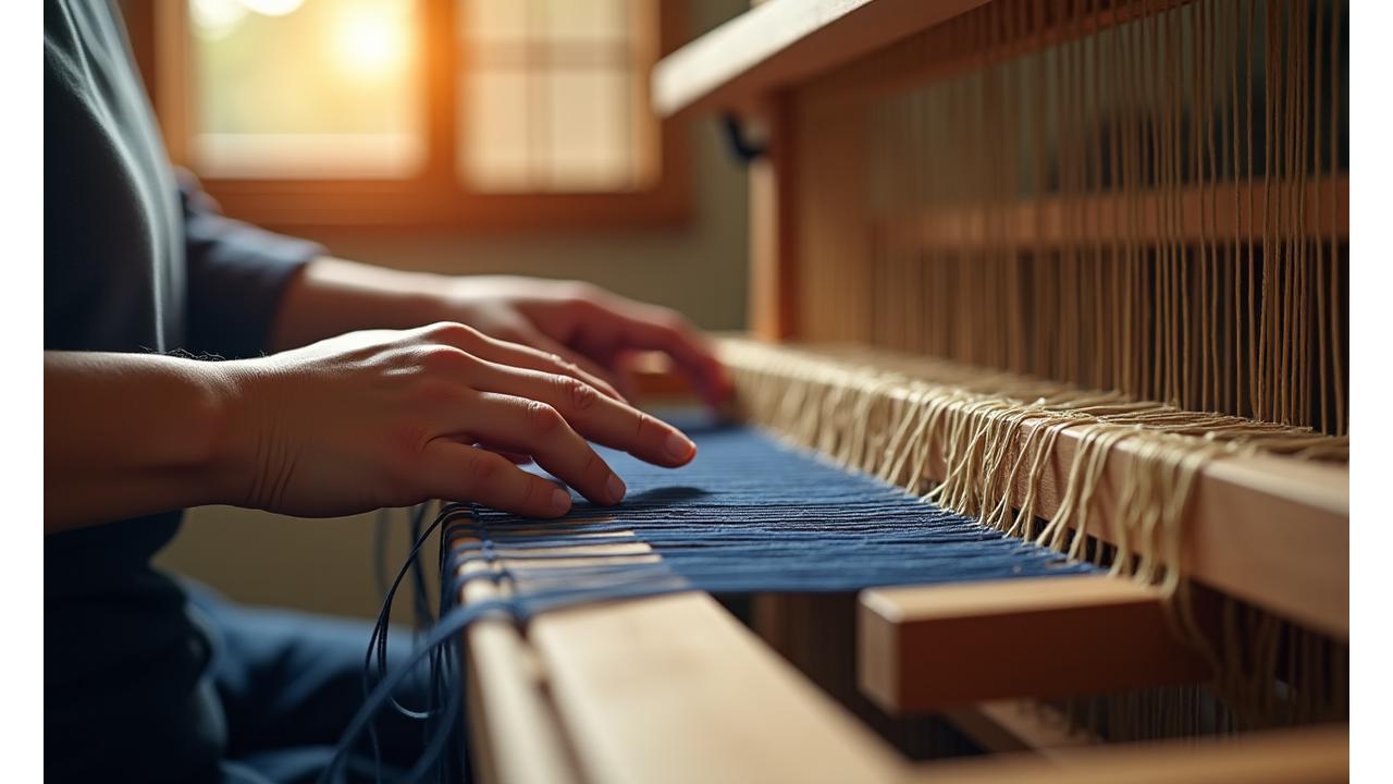 伝統的な木製の織り機で織物をする職人の手元のクローズアップ。温かい光が差し込み、集中する職人の姿勢が美しい。
