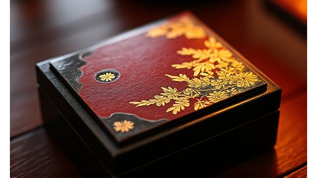 精巧な蒔絵が施された日本の漆器の箱。深い漆の色と金のコントラストが美しい。