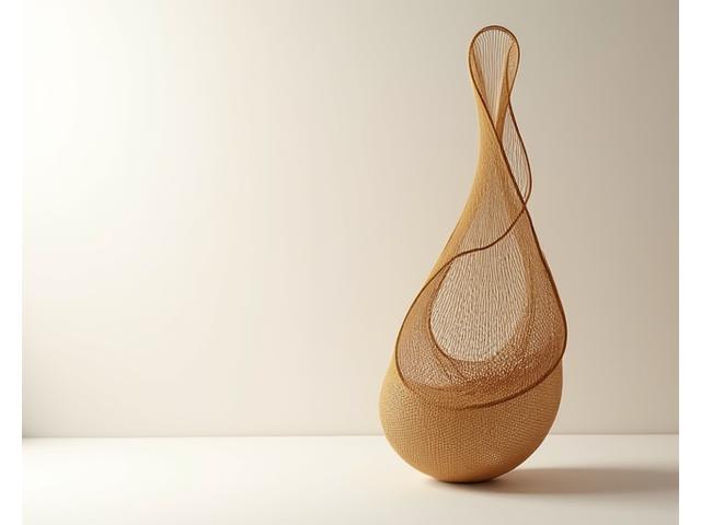 現代的なデザインの竹工芸作品。洗練された曲線と自然素材の温かみが共存するアート作品。