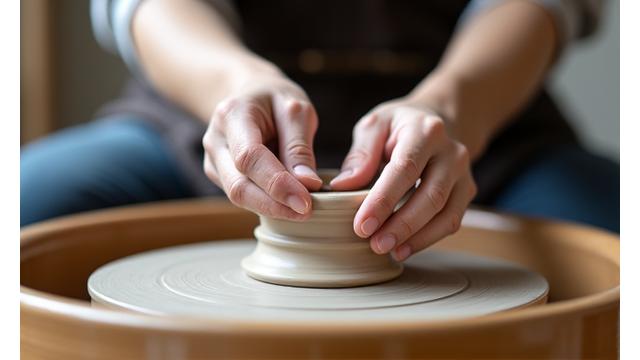 陶芸体験でろくろを回す参加者の手。楽しそうな表情で作品が形になっていく過程。