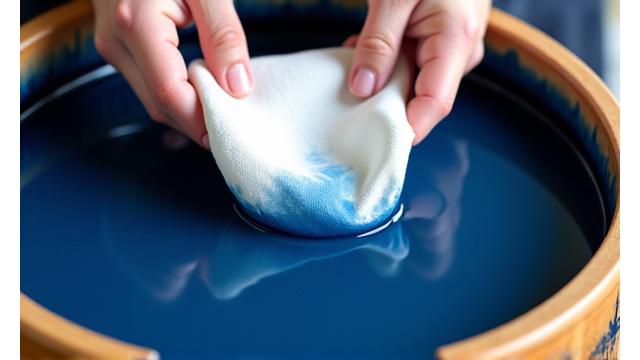 藍染め体験で布を染液に浸す手元のクローズアップ。鮮やかな藍色が布に染み渡る瞬間。