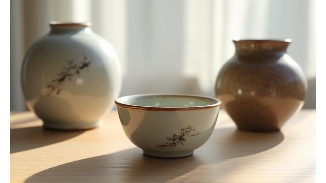 日本の美しい陶器の器。手描きの模様と自然な土の質感が特徴。