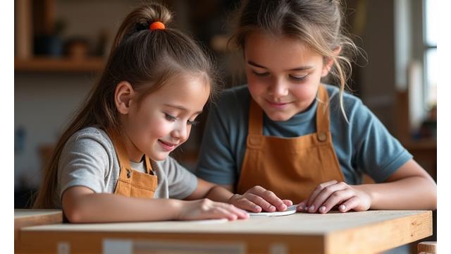 木工体験で木片を削る子供と指導する大人。楽しそうな笑顔と集中する様子。