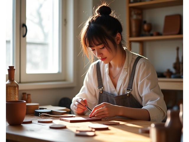 現代的なアトリエで革細工をする若い日本人職人。集中して作業する手元と、スタイリッシュな作品が並ぶ光景。