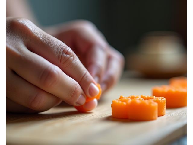 繊細な和菓子を作る熟練の菓子職人の手元をクローズアップ。集中した表情と美しい仕上がりの和菓子