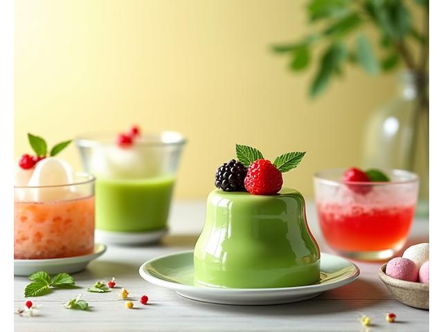 抹茶プリンやフルーツをたっぷり使ったあんみつなど、ヘルシーで美しい和スイーツ