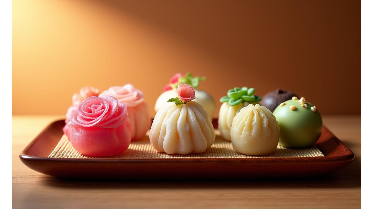 色とりどりの和菓子が美しく並べられた、日本の伝統的な甘味の饗宴
