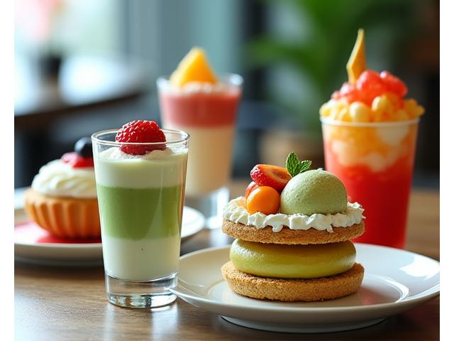 抹茶ティラミス、フルーツたっぷりの和風パフェ、どら焼きアイスがスタイリッシュに盛り付けられた