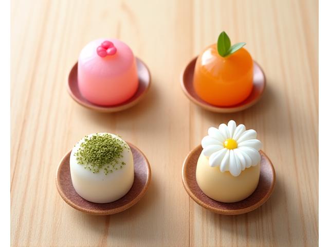 春の桜餅と夏の葛きり、秋の栗まんじゅうが並べられた美しい和菓子のアソートメント