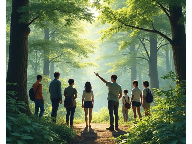 日本の原生林で環境学習をするグループ。ガイドが植物を指差し、参加者が熱心に耳を傾けている。