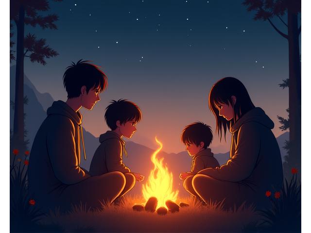 日本のキャンプ場で焚き火を囲む家族のシルエット。温かい光が顔を照らし、幸せな雰囲気。