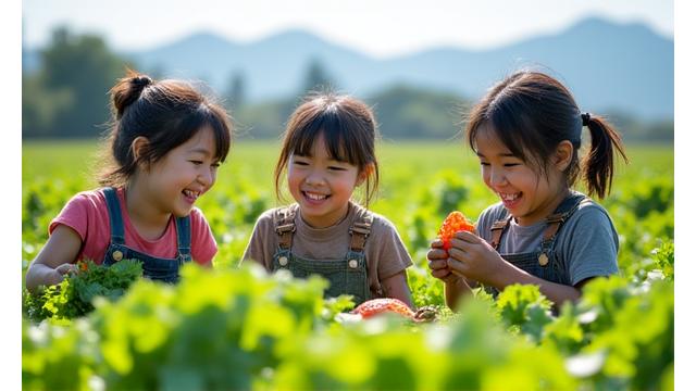 日本の田園風景の中で農業体験をする子供たち。泥だらけになりながらも笑顔で野菜を収穫している。