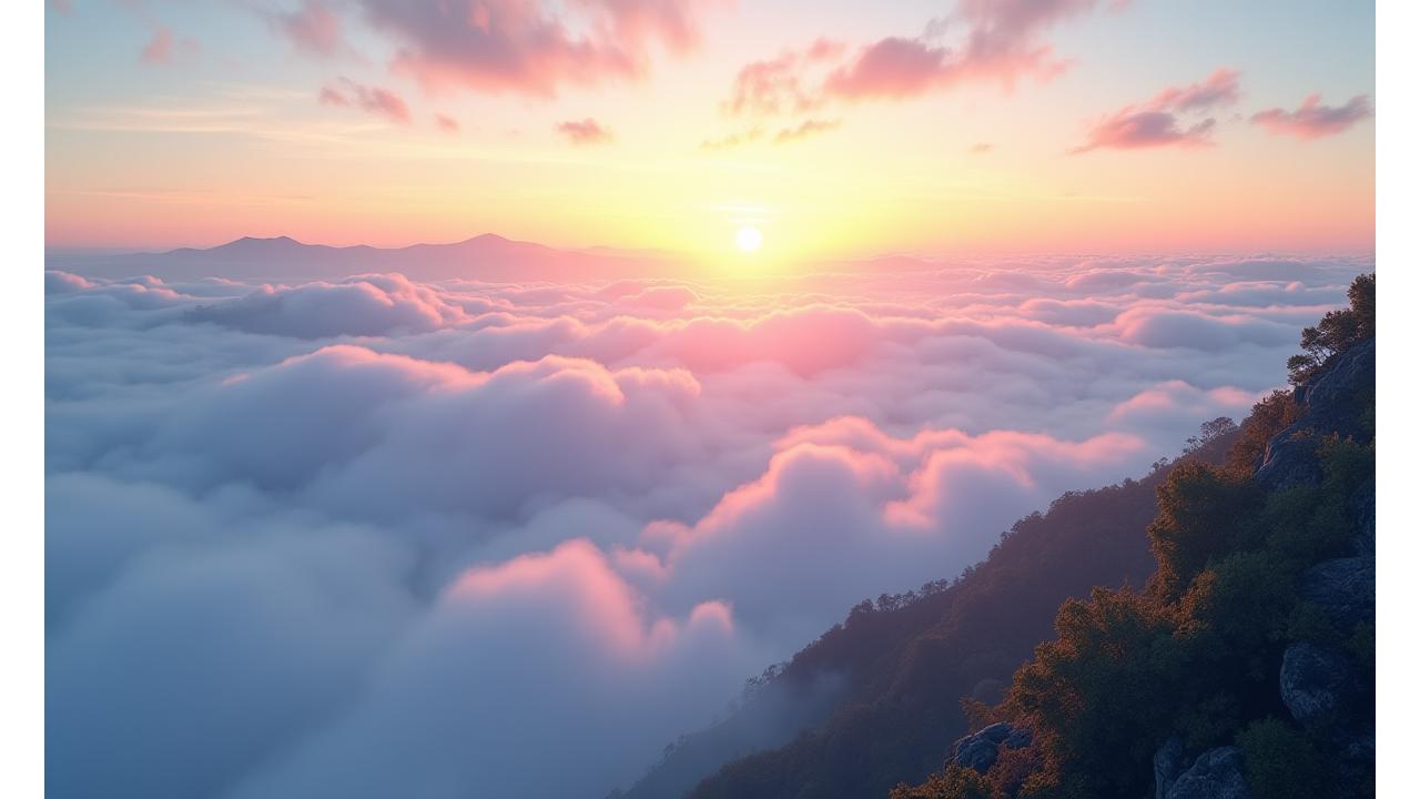 日本の山頂から見下ろす雲海の壮大な景色。朝日が差し込み、心が洗われるような清々しい風景。