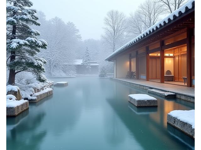 露天風呂から見える雪景色の日本の温泉。湯気が立ち上り、深いリラックス感が伝わる風景。