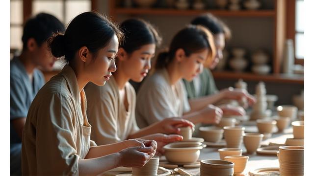 日本の工房で陶芸体験をする人々。ろくろを回し、真剣な表情で器を作り上げる。