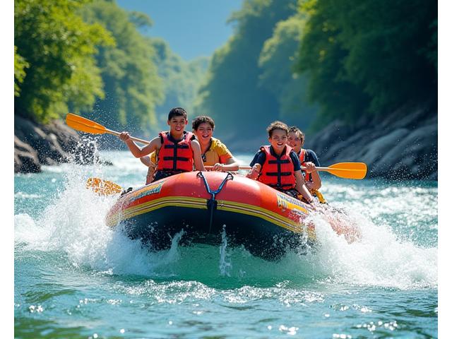 日本の清流でラフティングを楽しむ人々のグループ。水しぶきが上がり、興奮と楽しさが伝わる。