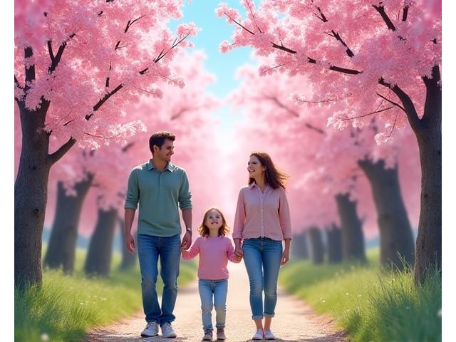 春の桜並木の下をハイキングする家族連れ。青空の下、満開の桜が美しい。