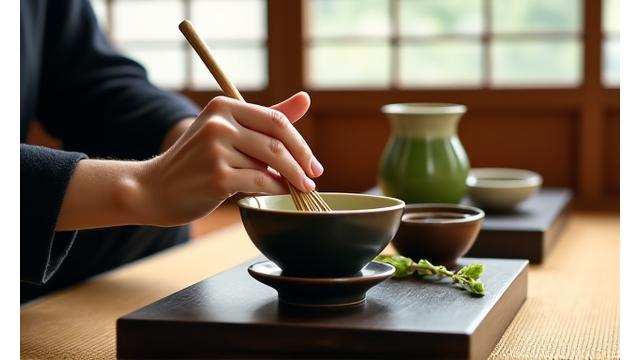 美しい和室で行われる日本の茶道体験。抹茶を点てる様子が丁寧に写されている。