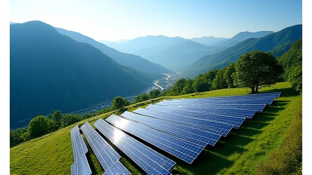 日本の山間部に広がる大規模なソーラーパネル