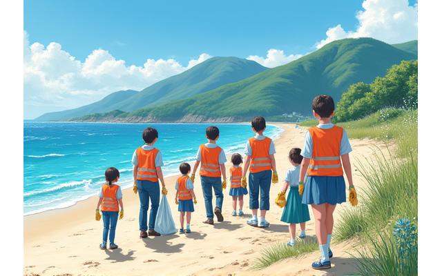 海岸清掃を行う地域住民