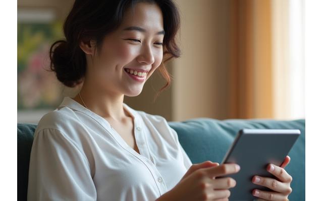 AIアシスタントを搭載したタブレットを見ている笑顔の女性。AIが家事や健康管理をサポートしているシズル感のある写真。