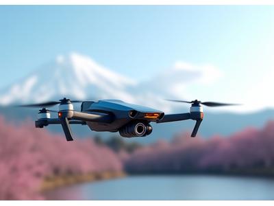 小型で高性能な日本のドローンが飛び交う空撮写真。