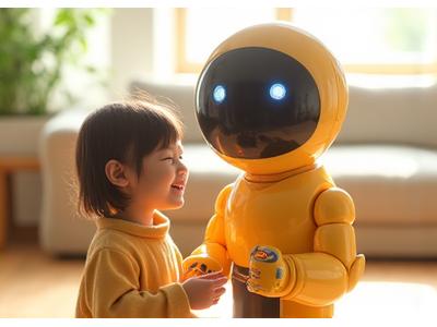 かわいらしいデザインの家庭用AIロボットが子供と遊んでいる様子。