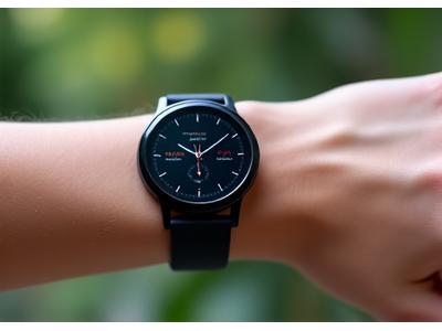 スタイリッシュなデザインのスマートウォッチを装着した人の手首のクローズアップ。フィットネスデータが表示されている。