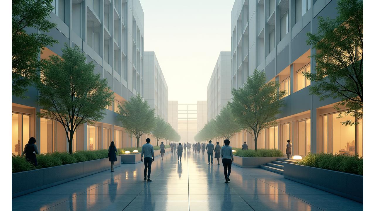 日本の未来的なスマートシティの鳥瞰図。AIとIoTが統合された、クリーンで効率的な都市景観。人々はテクノロジーと調和して生活している。