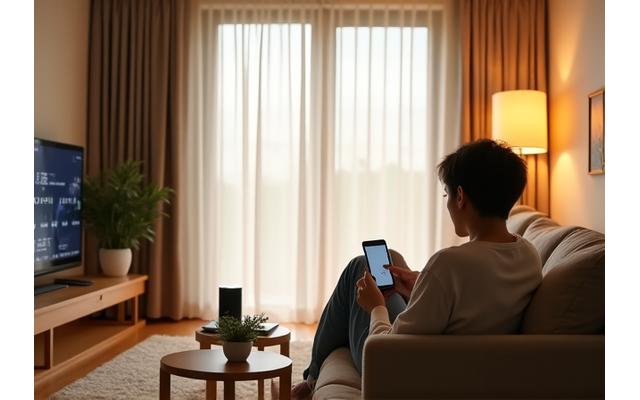 先進的なデザインのスマートホームのリビングルーム。音声アシスタントデバイスがテーブルにあり、照明、エアコン、カーテンがIoTで連携している。