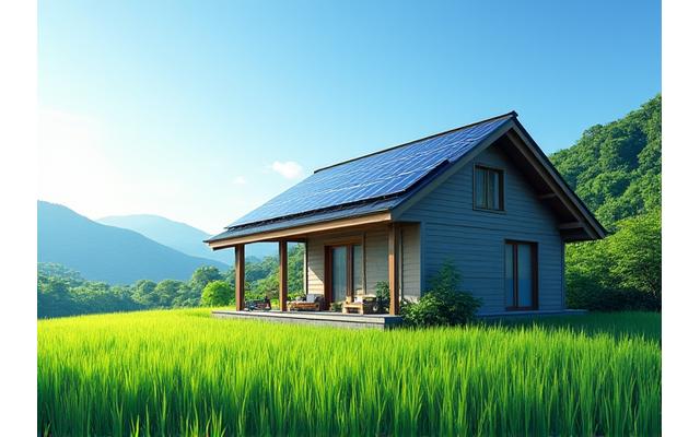 太陽光パネルで覆われた屋根を持つ、モダンで環境に配慮した日本の家屋。美しい日本の田園風景の中に調和している。.